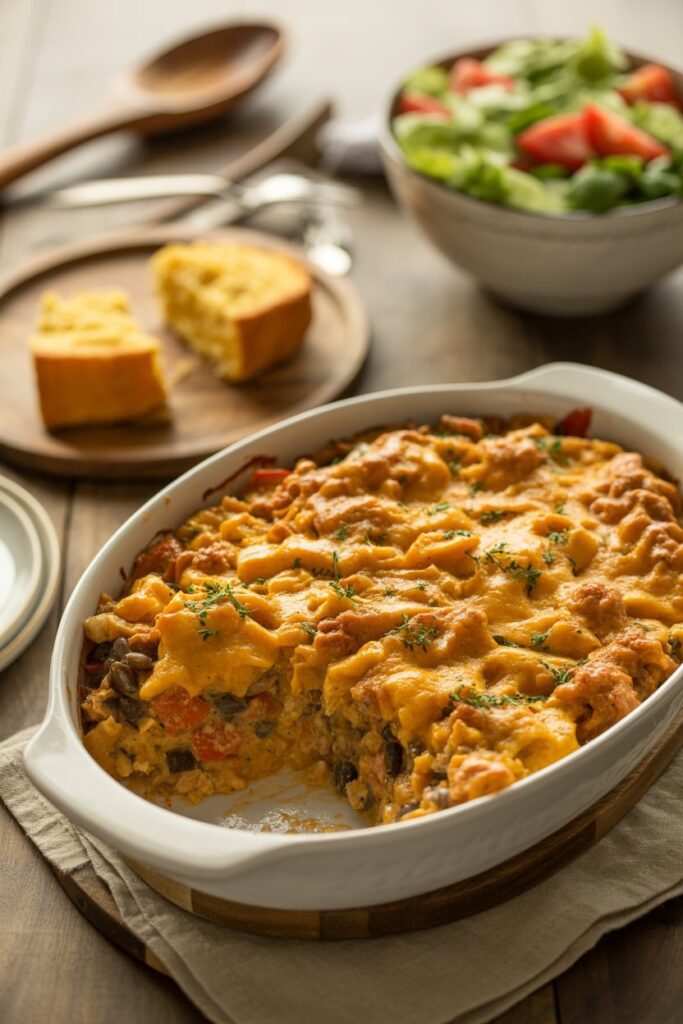 A family-style serving dish of cowboy casserole on a dinner table with cornbread, salad, and a wooden serving spoon in warm, cozy lighting.
