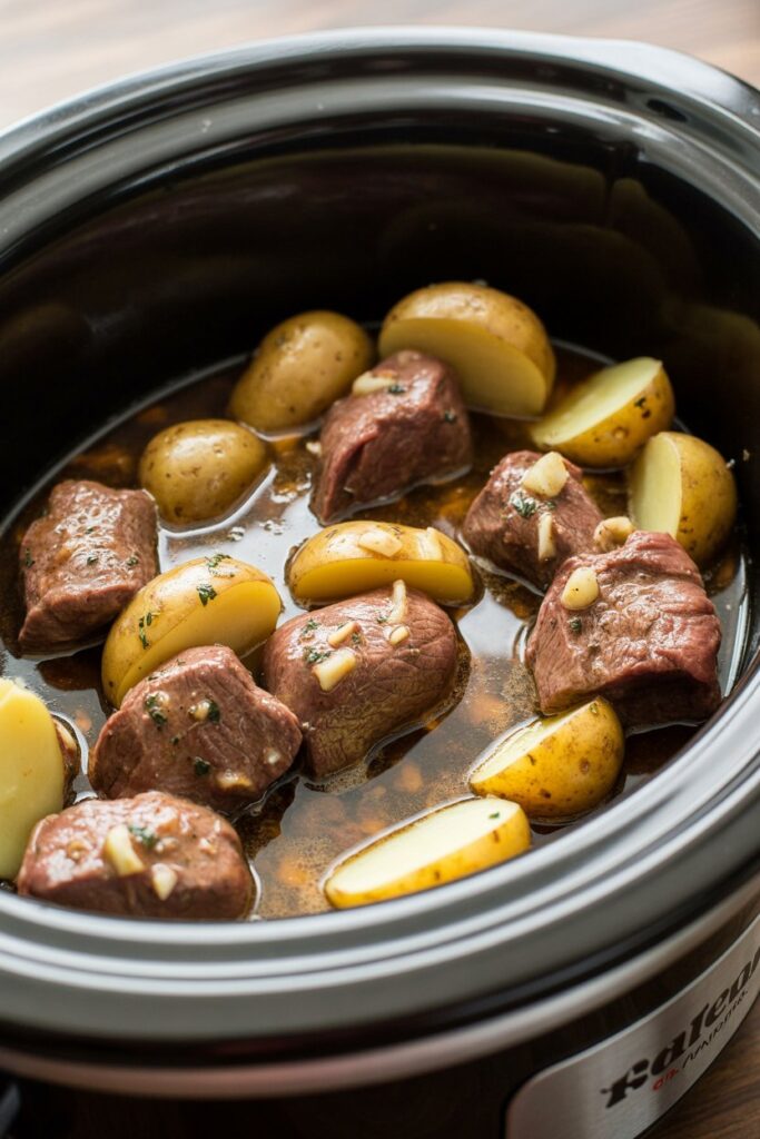 Close-up of a slow cooker filled with simmering garlic butter beef bites and baby potatoes, steam rising as the lid is slightly lifted, with the glossy butter sauce bubbling around the edges.