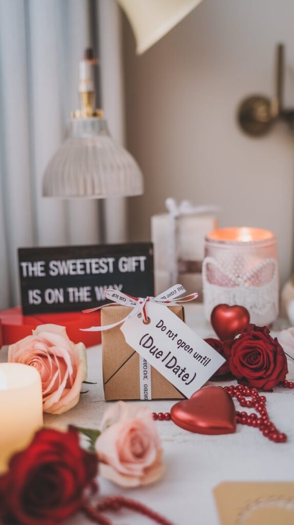 Small wrapped gift box with a tag reading do not open until due date, nestled among Valentine's decorations