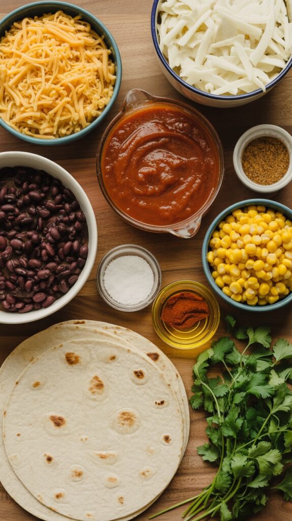 A flat-lay of chicken enchilada casserole ingredients arranged on a wooden surface, including shredded cheese, enchilada sauce, black beans, corn, tortillas, spices, and fresh cilantro, styled in soft natural light.