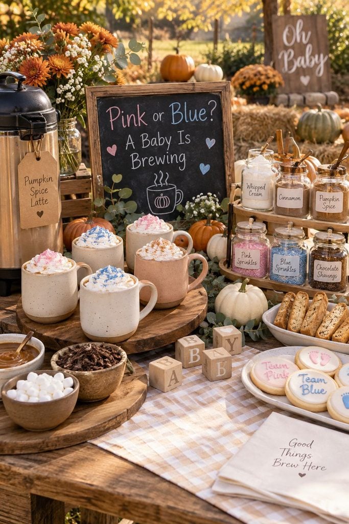 Pumpkin spice latte bar with pink and blue sprinkles for a fall gender reveal