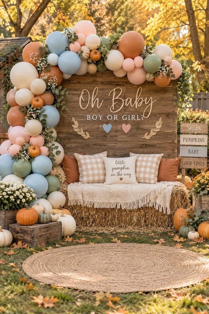 Fall balloon arch with faux pumpkins over a hay bale bench for a fall gender reveal