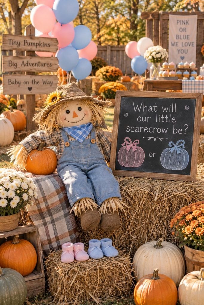 Scarecrow in blue denim overalls on a hay bale for a fall gender reveal