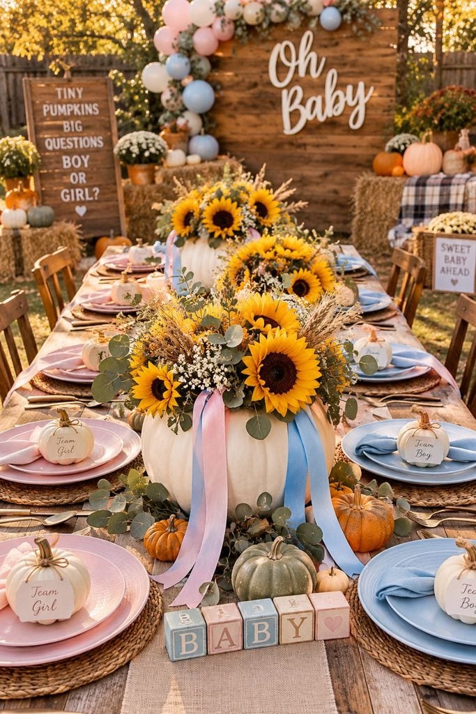 Hollowed white pumpkin filled with sunflowers as a fall gender reveal centerpiece