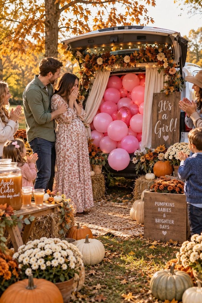 SUV trunk decorated with pumpkins and balloons for a fall gender reveal party