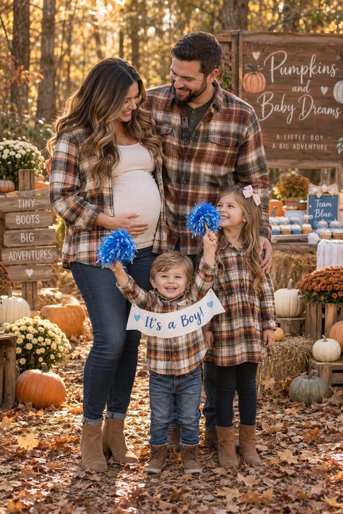 Family in matching flannels on a leaf-strewn path for a fall gender reveal photo session