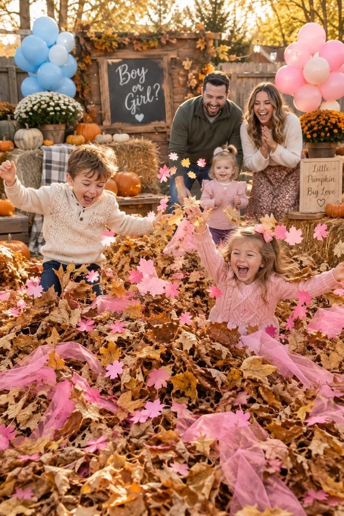 Kids jumping into a golden leaf pile hiding pink tulle for a fall gender reveal