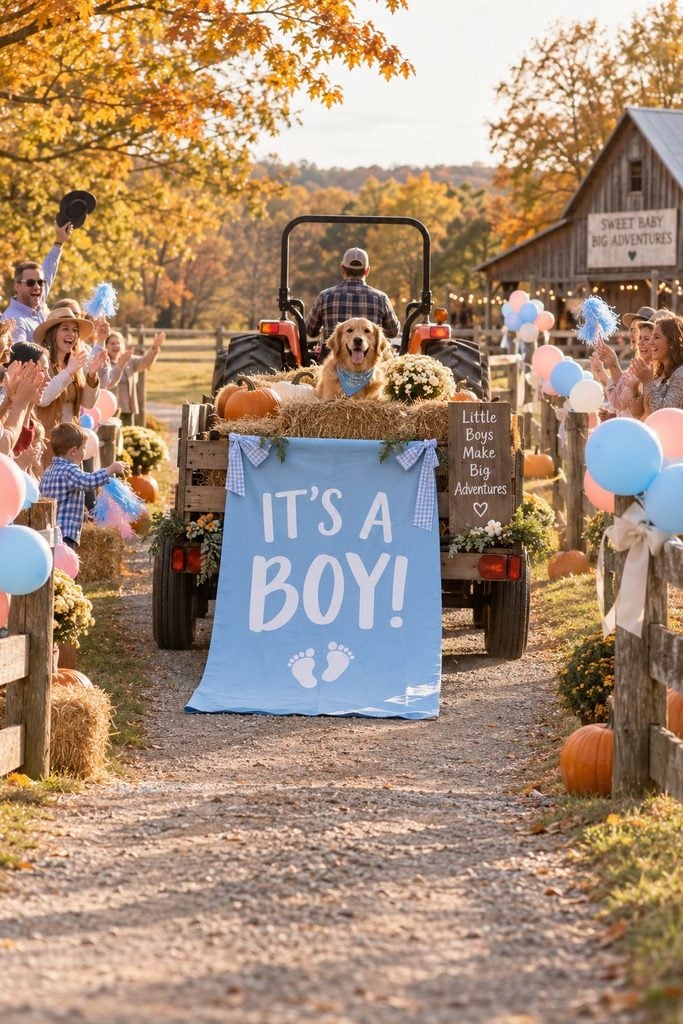 Tractor pulling a hay wagon with a blue banner for a fall gender reveal hayride