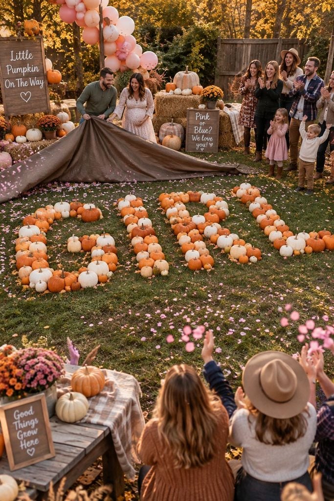 Pumpkins arranged as giant letters under a brown tarp for a fall gender reveal