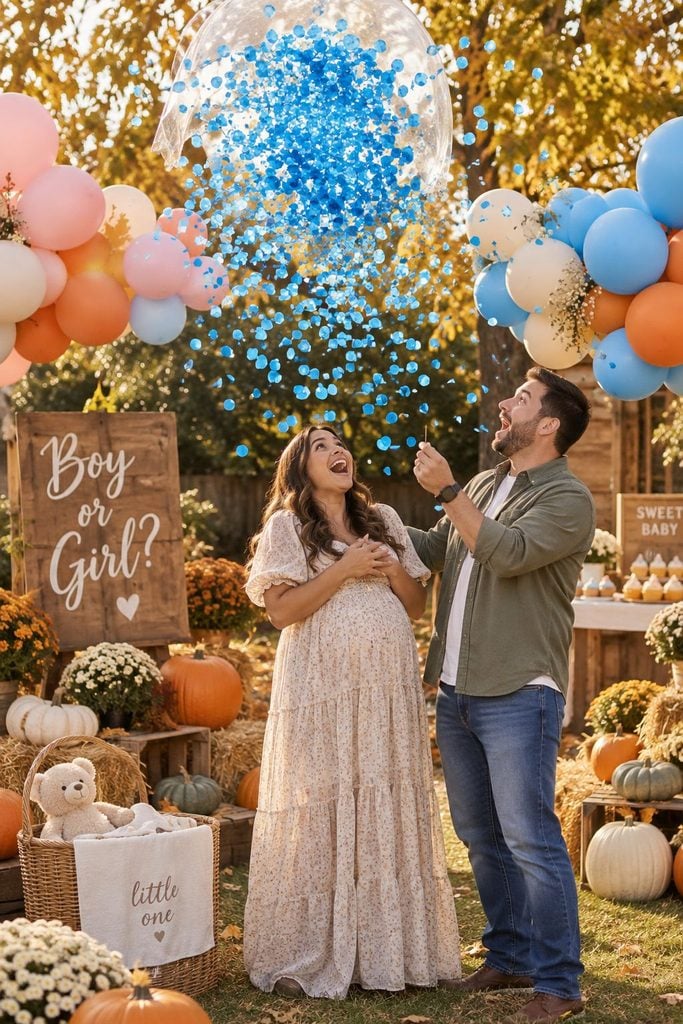 Giant confetti balloon with orange and cream mini balloons for a fall gender reveal