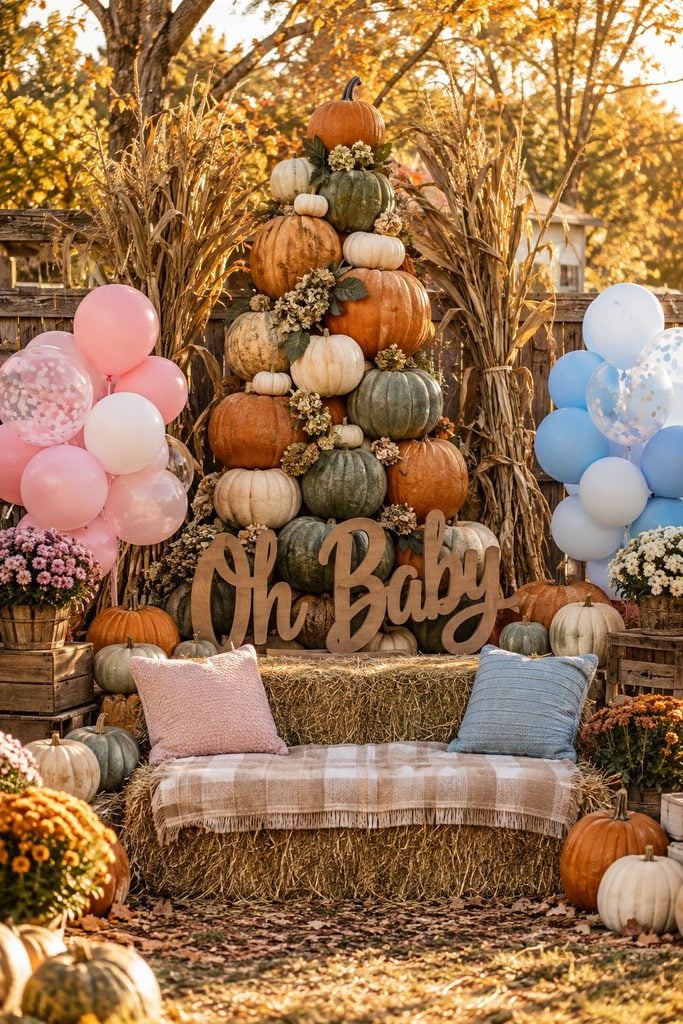 Tall stack of heirloom pumpkins with an Oh Baby sign as a fall gender reveal backdrop
