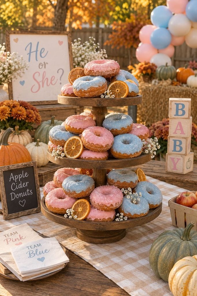 Cider donut tower glazed pink and blue for a fall gender reveal