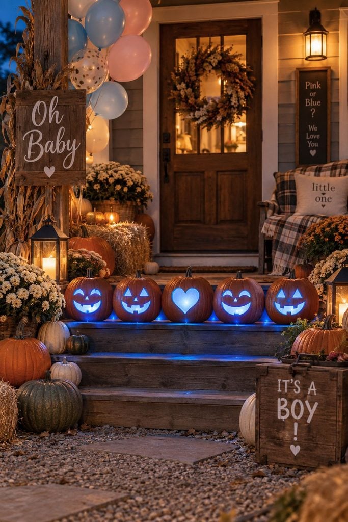 Jack-o'-lanterns glowing blue on porch steps at dusk for a fall gender reveal