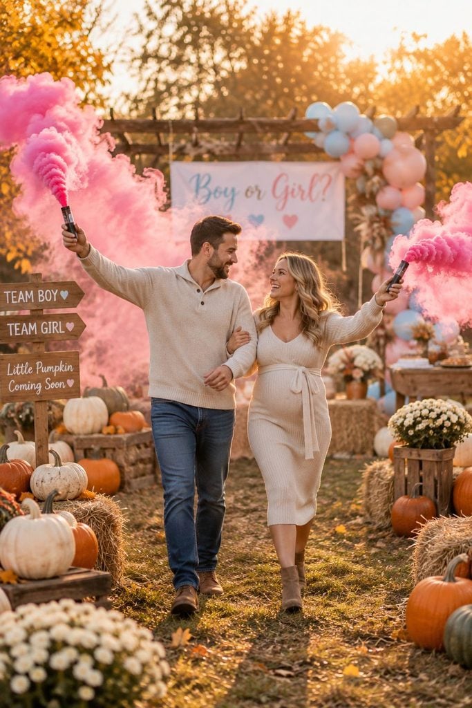 Couple holding pink smoke bombs in a pumpkin patch at sunset for a fall gender reveal