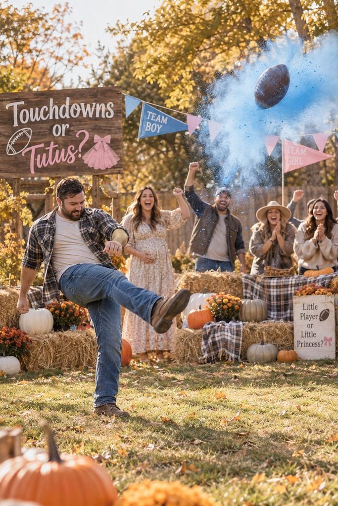 Football exploding with blue powder during a football-themed fall gender reveal