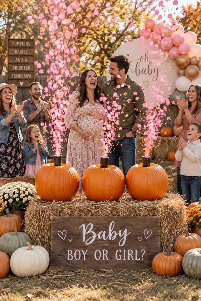 Carved pumpkins with confetti cannons bursting pink confetti at a fall gender reveal