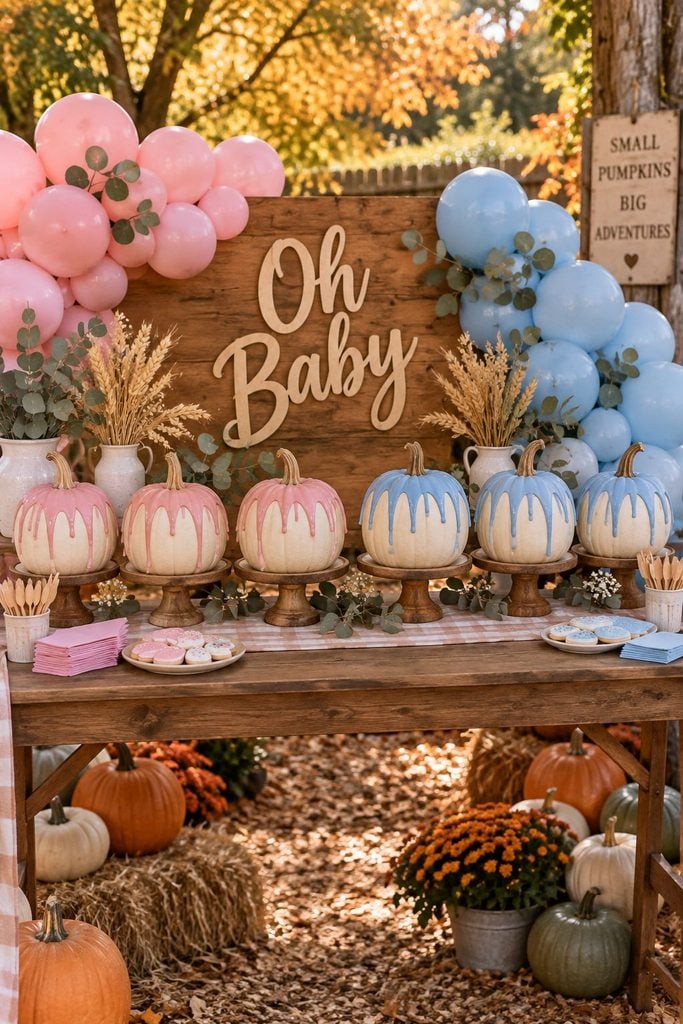 Cream pumpkins with dusty rose and powder blue paint drips for a fall gender reveal