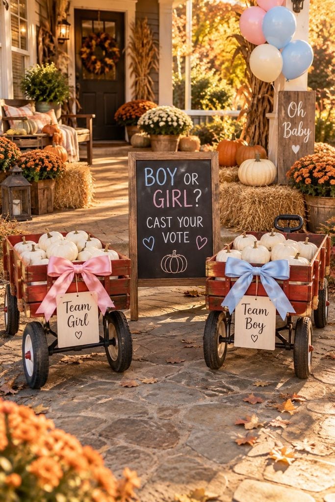 Two wagons of mini white pumpkins tagged pink and blue for a fall gender reveal vote