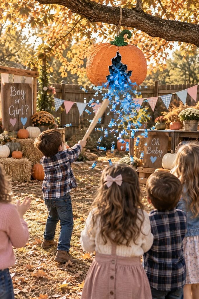 Orange pumpkin piñata hanging from a tree for a fall gender reveal party