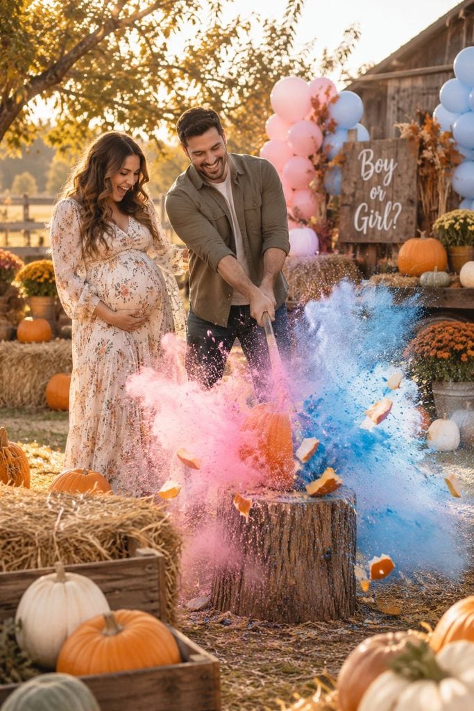 Dad smashing a powder-filled pumpkin with a cloud of pink powder at a fall gender reveal