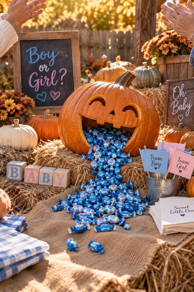 Carved pumpkin spilling blue candy onto a hay bale for a fall gender reveal