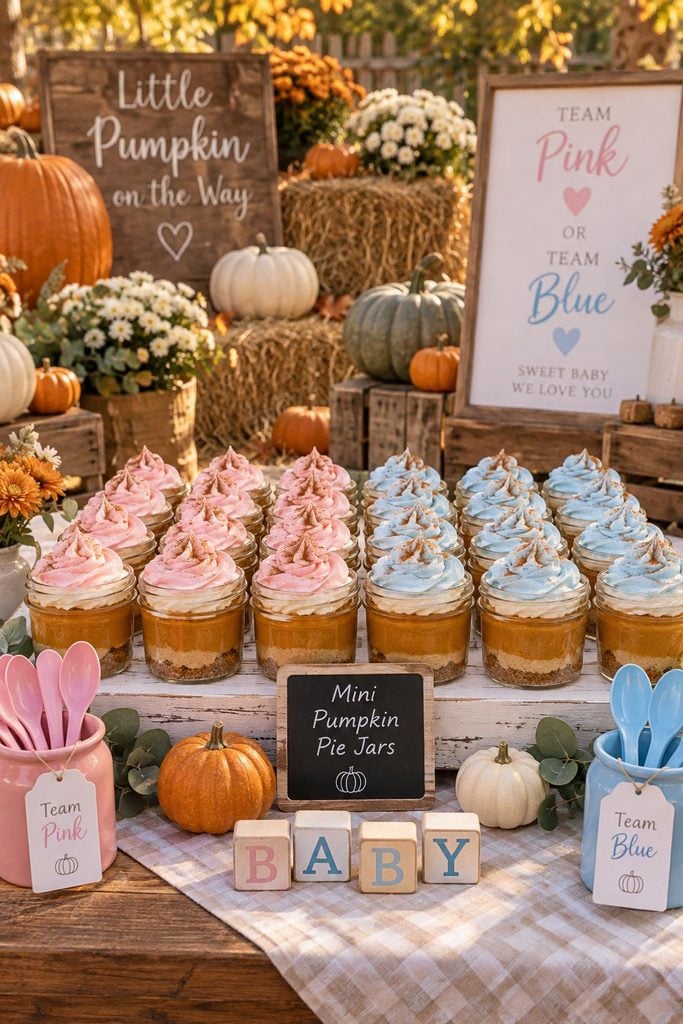 Mini pumpkin pie jars with pink and blue whipped cream for a fall gender reveal