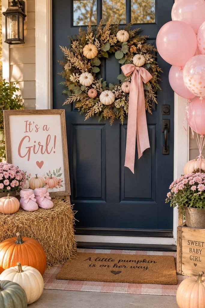Pumpkin and eucalyptus wreath with pink ribbon on a navy door for a fall gender reveal