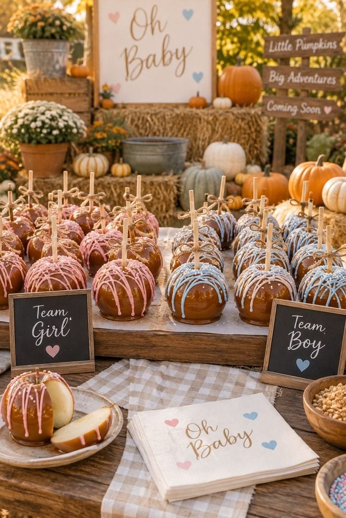 Caramel apples with pink and blue drizzle as a fall gender reveal treat