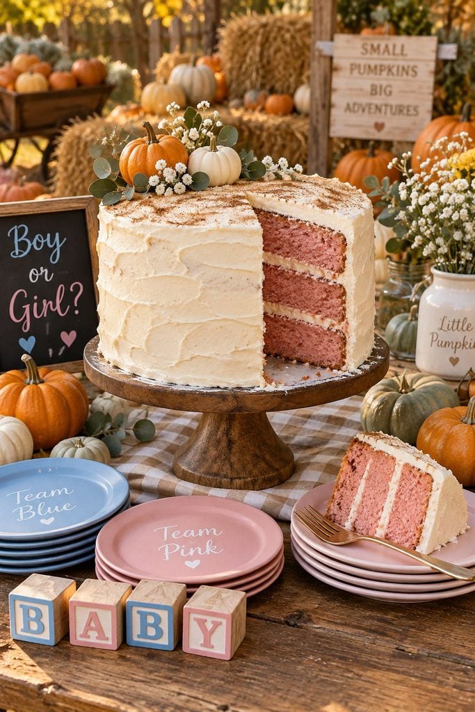 Pumpkin spice cake slice with pink layers inside for a fall gender reveal
