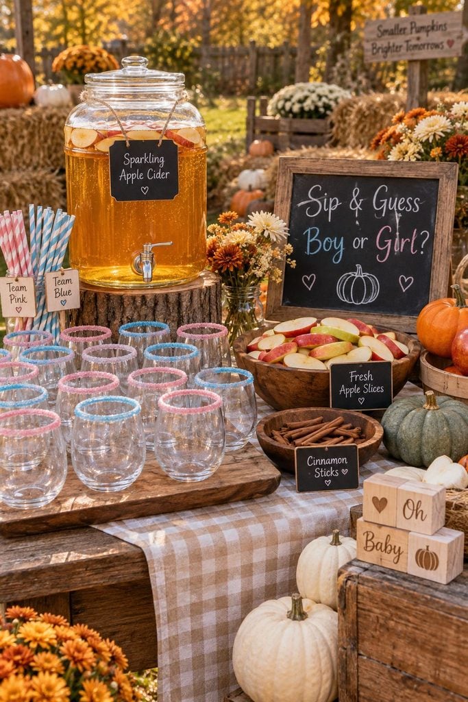 Sparkling cider bar with pink and blue sugar rims for a fall gender reveal