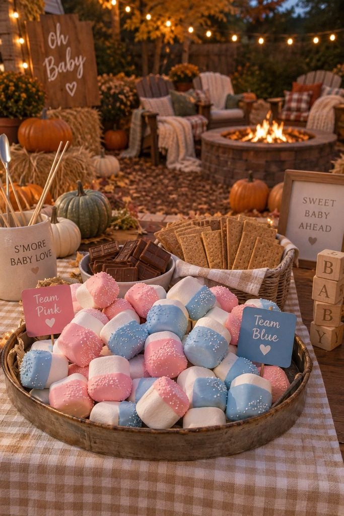 Pink and blue dipped marshmallows for a s'mores fall gender reveal by the fire pit