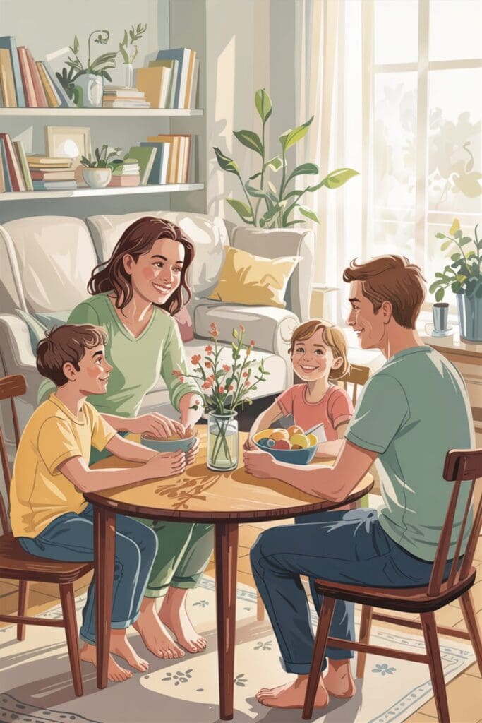 Family meeting illustration showing calm parenting strategies.