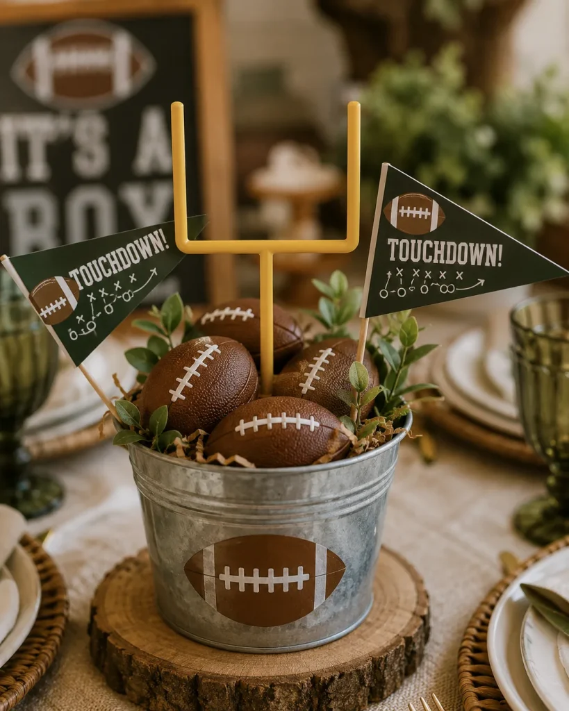 A small tin bucket centerpiece holding mini footballs and a miniature goal post, with touchdown flags tucked in beside it.