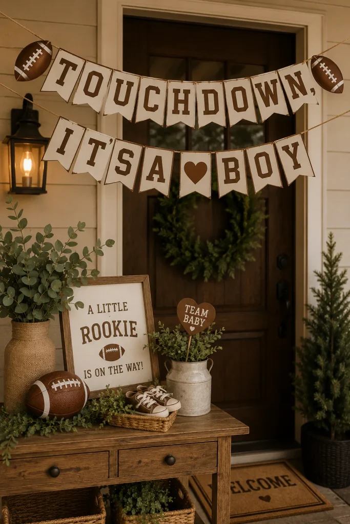 A brown and cream "Touchdown, It's a Boy" garland banner strung above a front door or entry table.