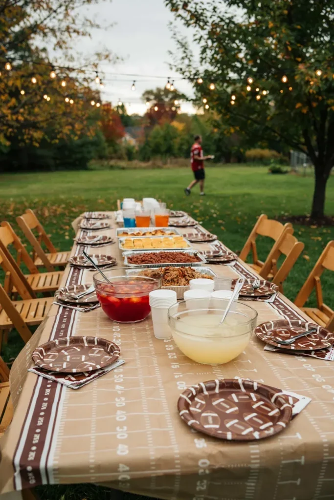 A long guest table covered in a brown football-print disposable tablecloth with matching plates and napkins.