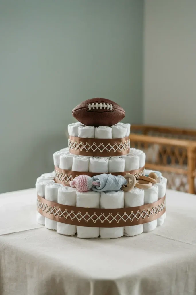 A three-tier diaper cake wrapped in brown ribbon with white criss-crossed lace detailing, topped with a mini football.