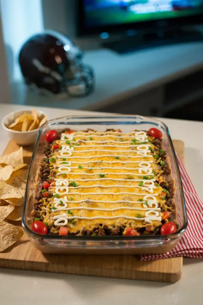A rectangular seven-layer dip tray with sour cream piped into yard lines across the top like a football field.