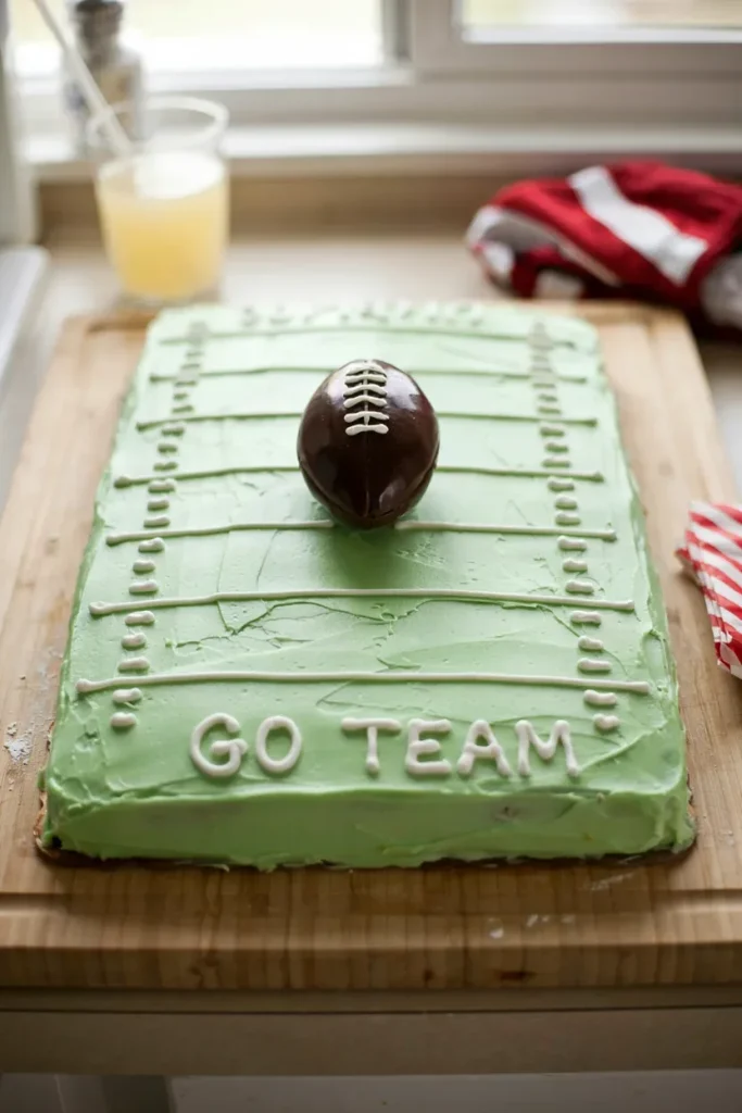 A rectangular sheet cake frosted green with white piped yard lines and a chocolate football centered on top.