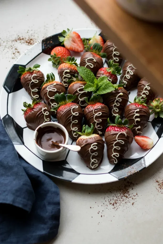 A tray of chocolate-dipped strawberries with thin white piped lace lines, arranged on a football-print platter.