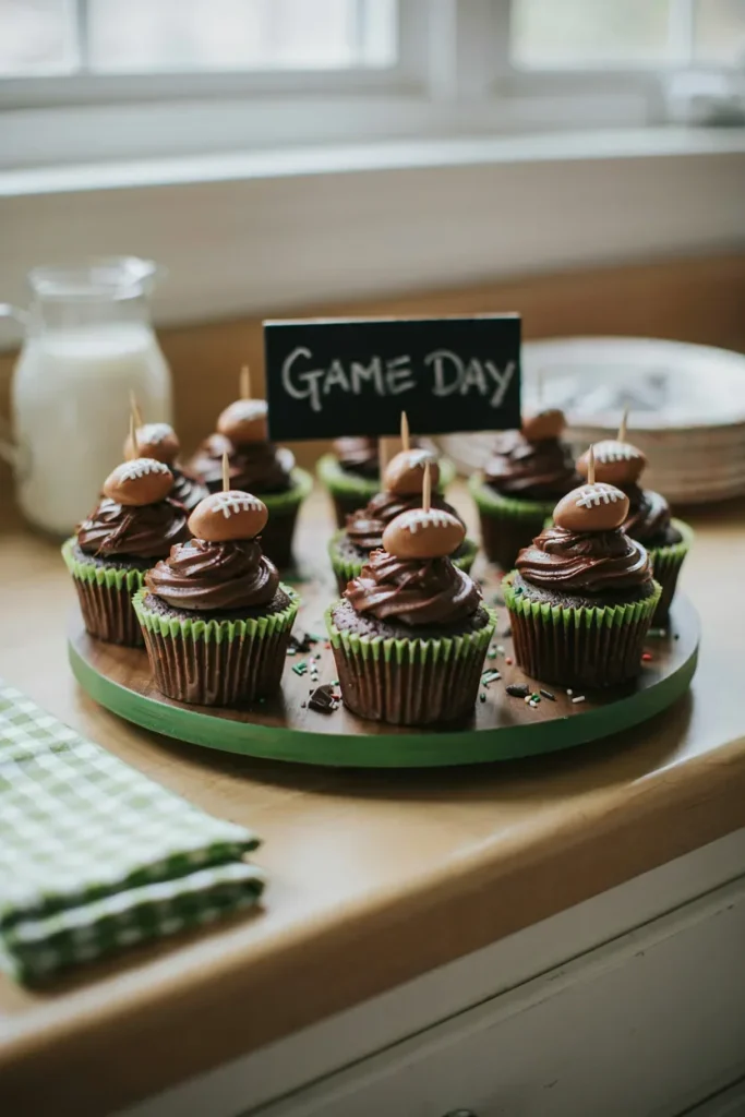 A tray of chocolate cupcakes topped with mini football-shaped cupcake picks on a brown-and-green cupcake stand.