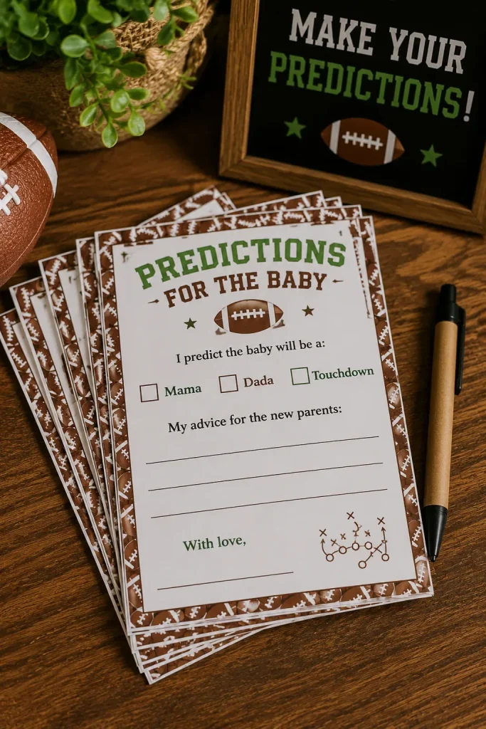A small stack of printed prediction cards where guests write "Mama," "Dada," or "Touchdown" and a note to the baby.