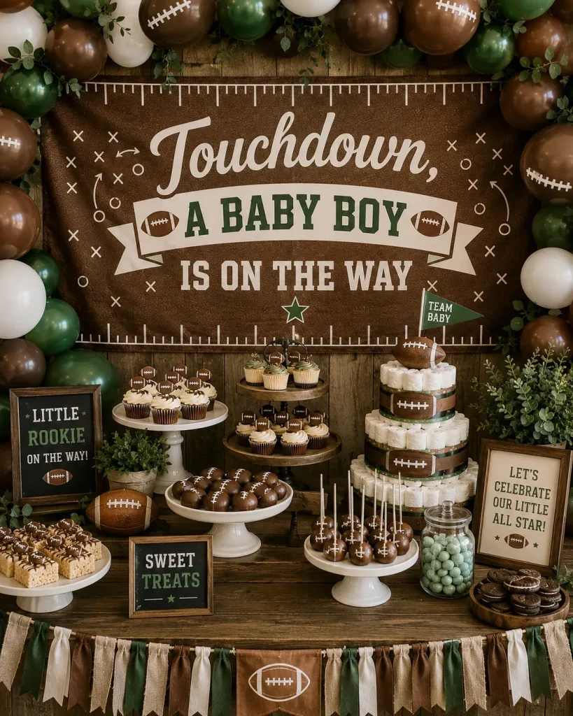 A brown football-print backdrop banner reading "Touchdown, A Baby Boy Is On The Way" hung behind a dessert table.
