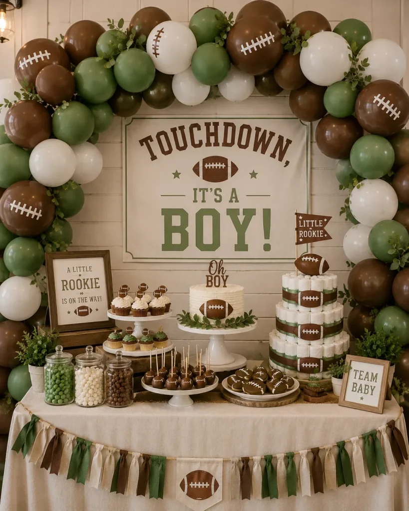 A balloon arch in brown, bean green, and white balloons, some printed with football laces, framing a dessert table.
