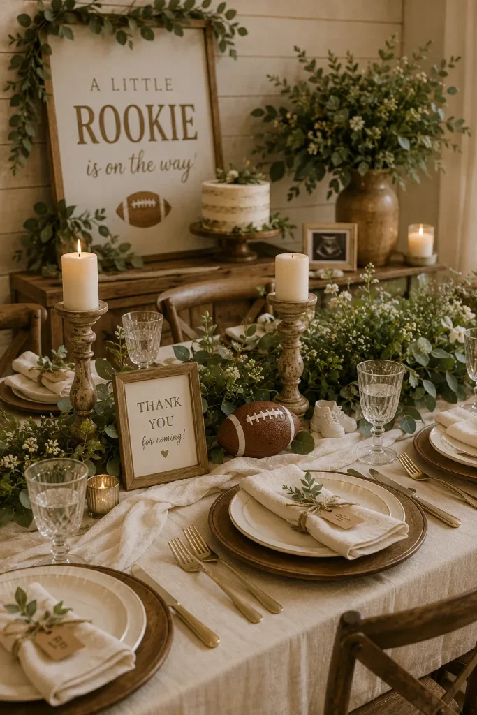 A table styled with cream linens, wood accents, greenery, and a few brown football details woven in for a softer, more traditional shower look.