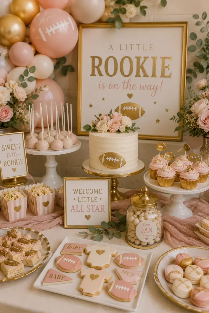 A dessert table styled in blush, cream, and gold with football accents instead of the standard brown-and-green palette.