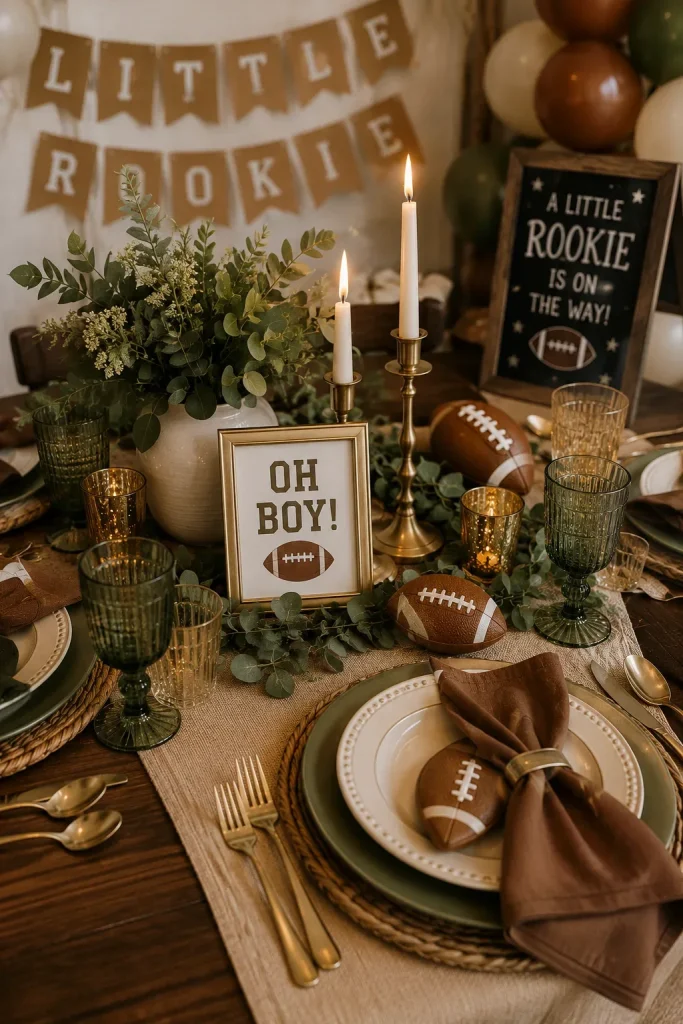 A tablescape using brown, green, cream, and gold instead of any specific team's colors.