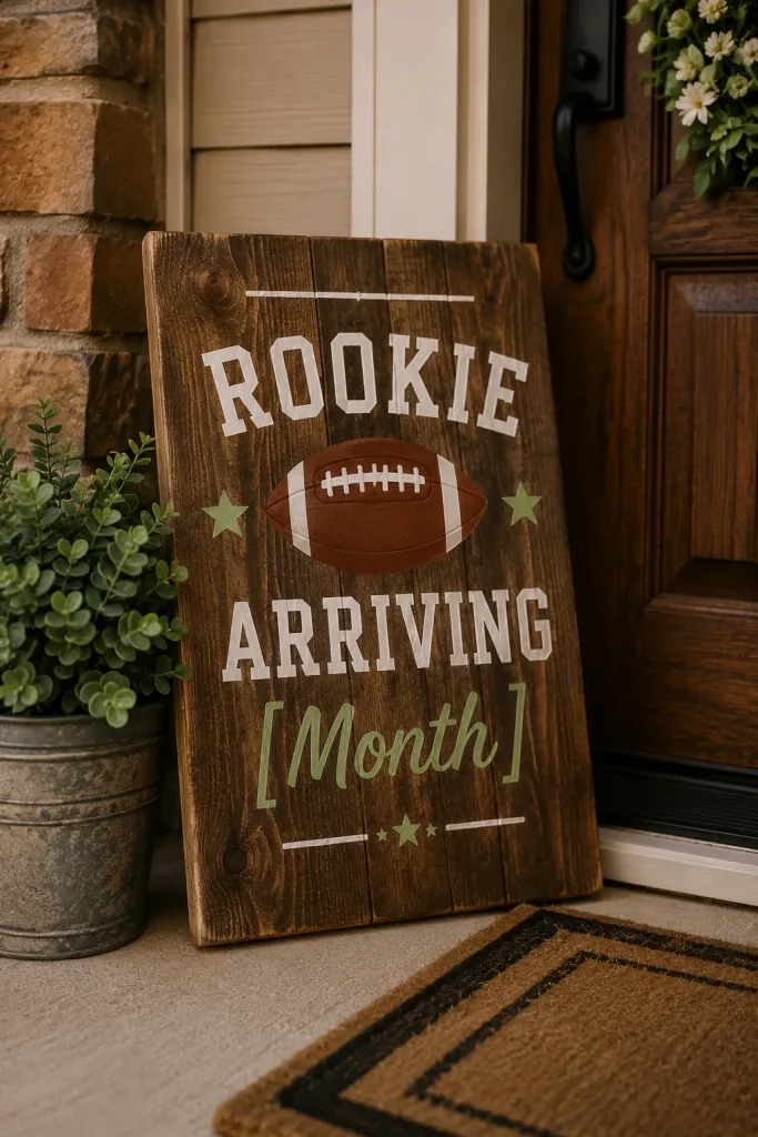 A rustic wooden sign propped near the front door reading "Rookie Arriving [Month]" surrounded by a small potted plant.
