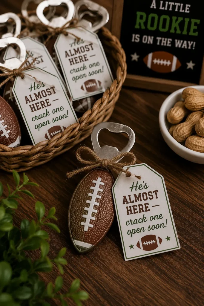 A small football-shaped bottle opener tied with a tag reading "He's almost here — crack one open soon!"