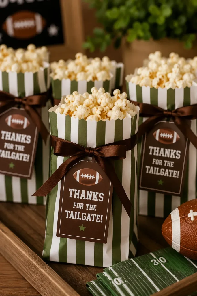 Small striped popcorn bags tied with brown ribbon and a tag reading "Thanks for the Tailgate!"