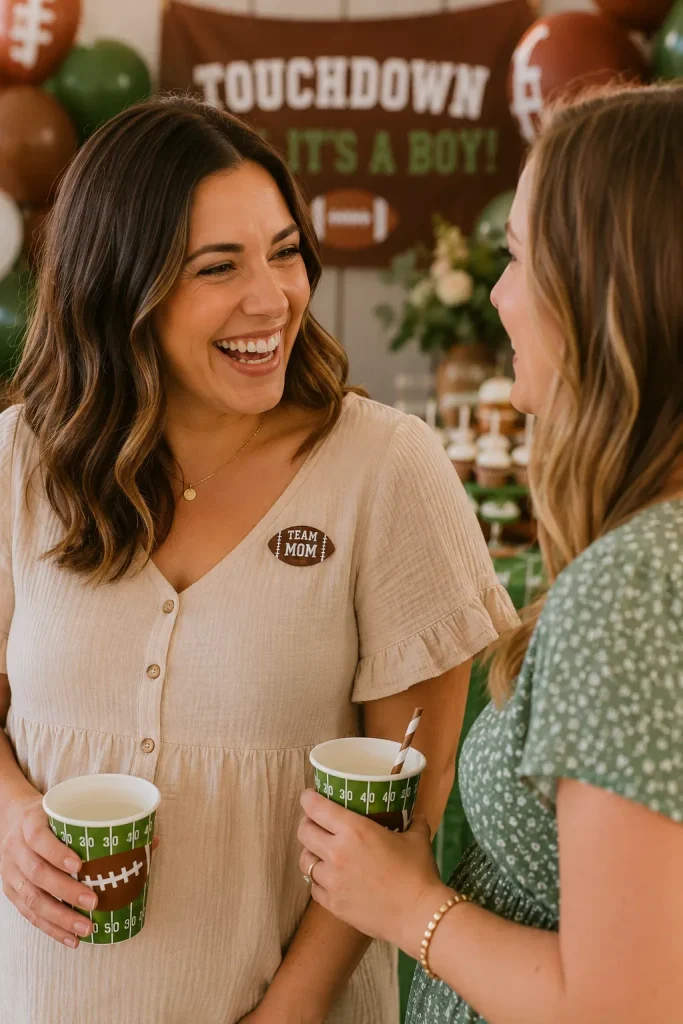 A guest wearing a small football sticker on their shirt, laughing with another guest.